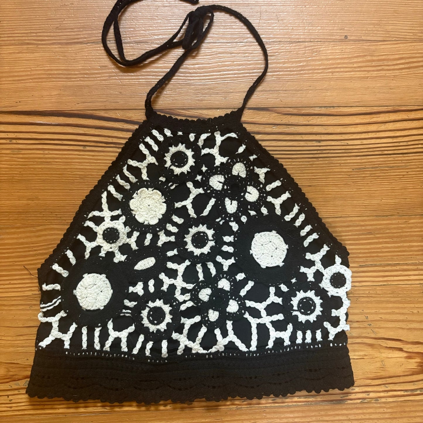Zara black white floral crochet knit lined cropped halter top SIZE S