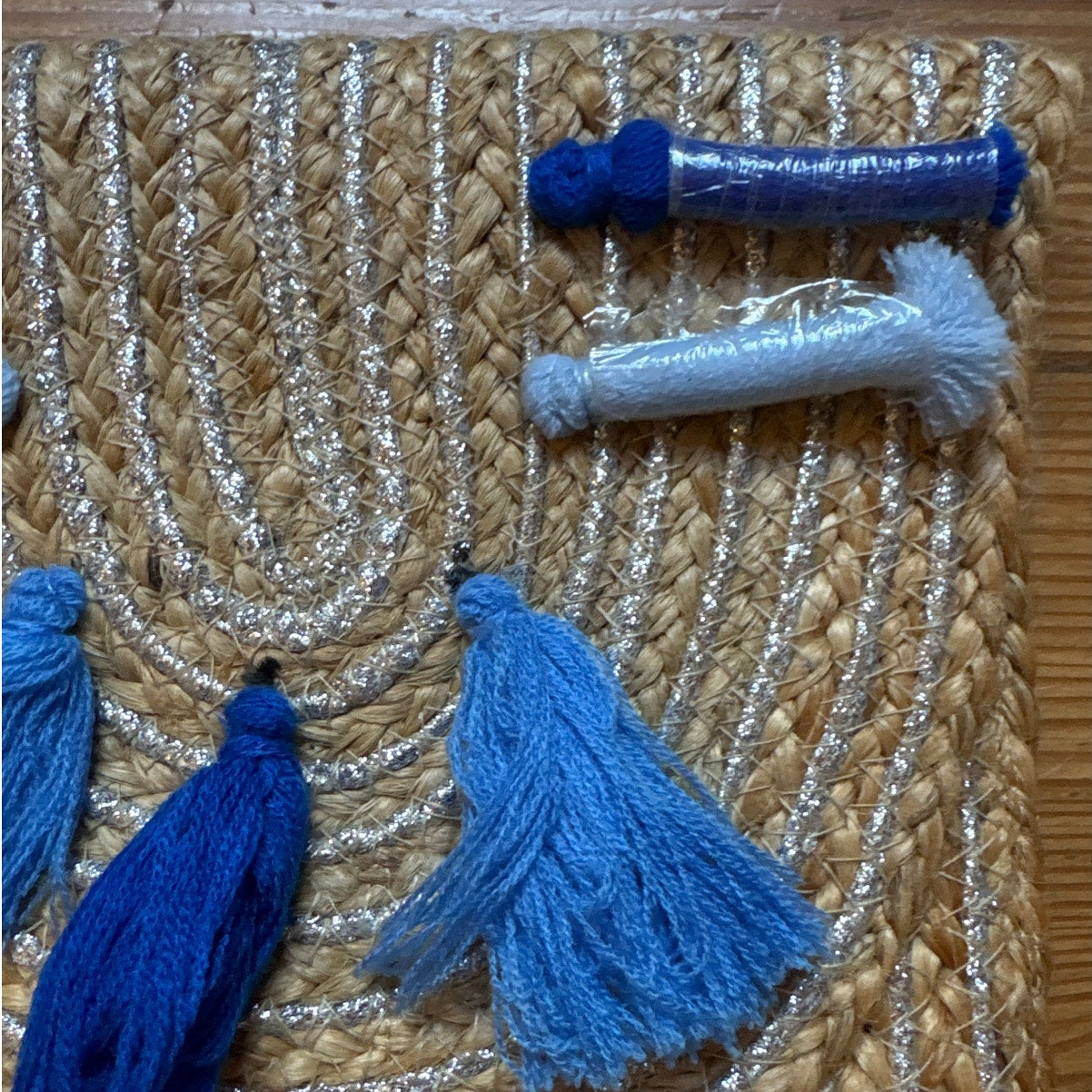 NWT Mud Pie blue tassel metallic jute clutch