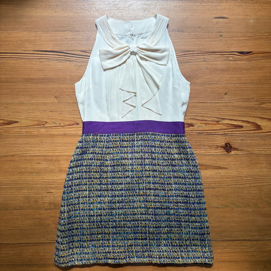 Kate Spade white silk bow purple tweed bottom sleeveless dress SIZE 12