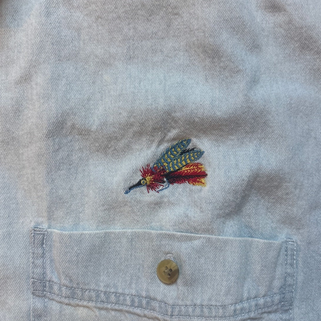 All Sport light wash denim fishing embroidered long sleeve button shirt SIZE XXL