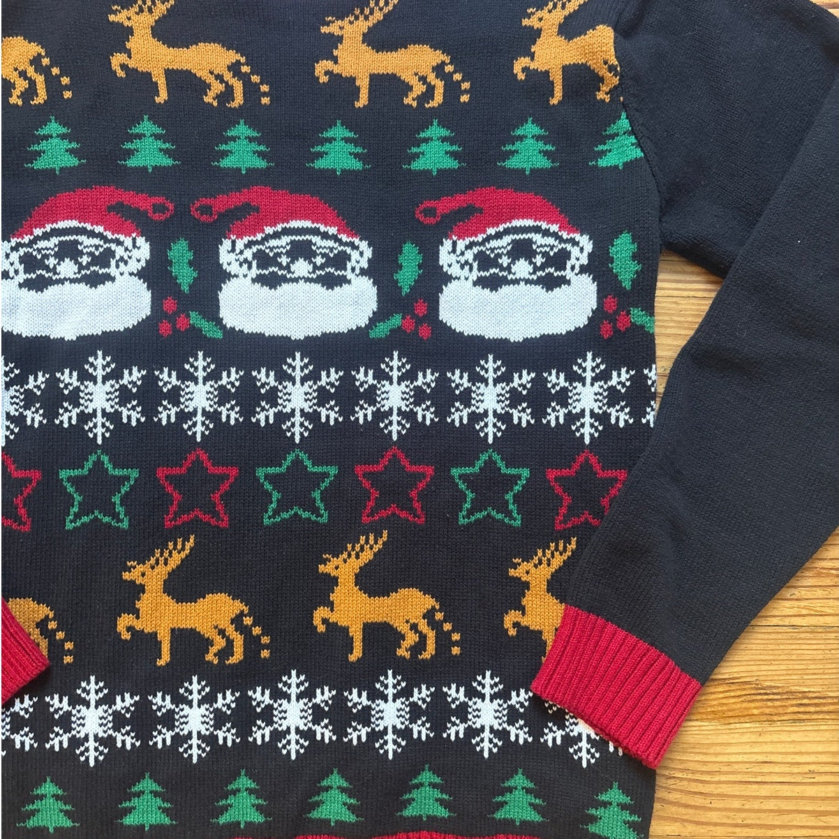 Ugly Christmas Sweater black santa holiday crew pullover sweater SIZE XL