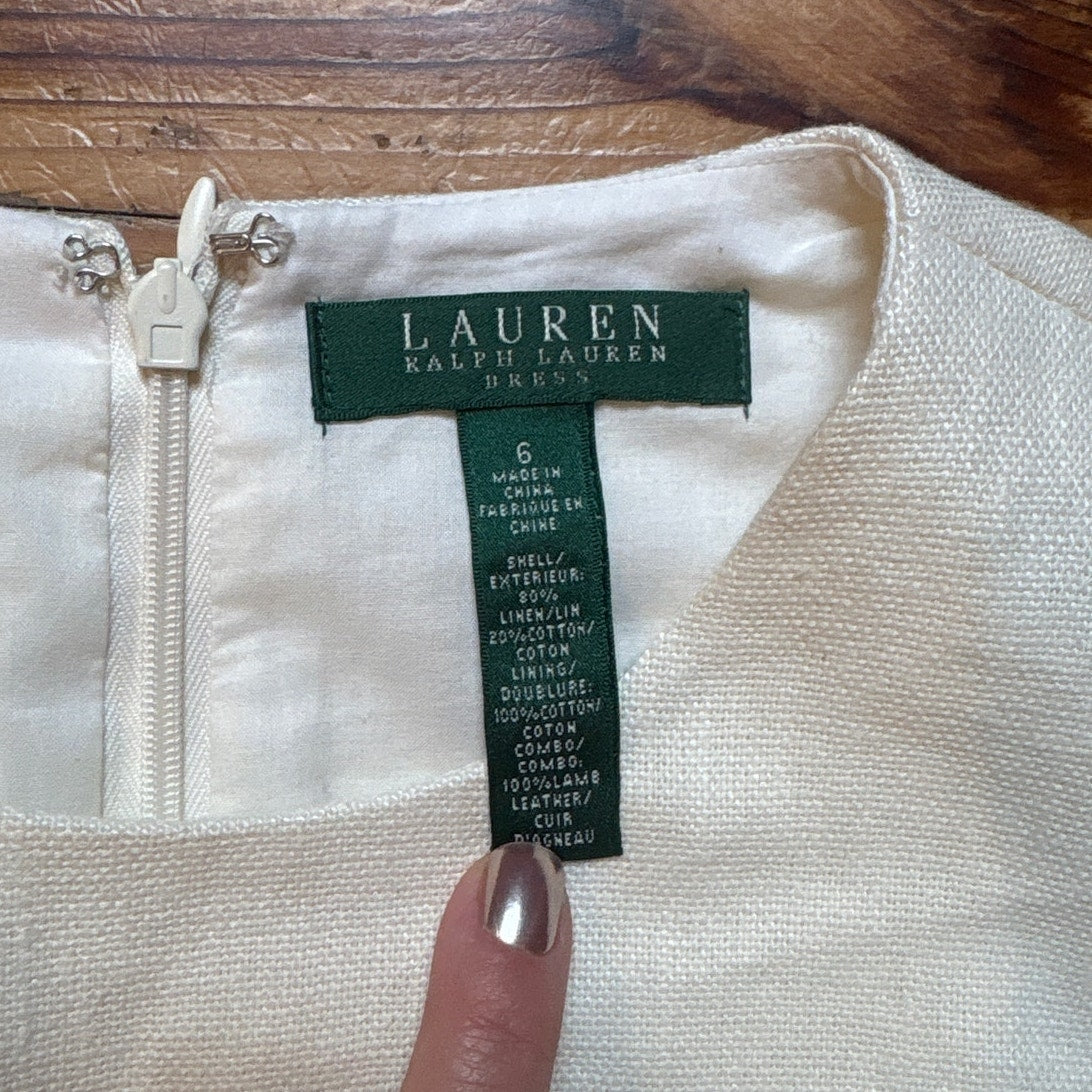 Ralph Lauren off white linen blend leather accent sleeveless midi dress SIZE 6