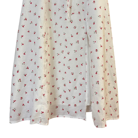 3CE white red floral babydoll puff sleeve cottage midi knee slit dress SIZE S