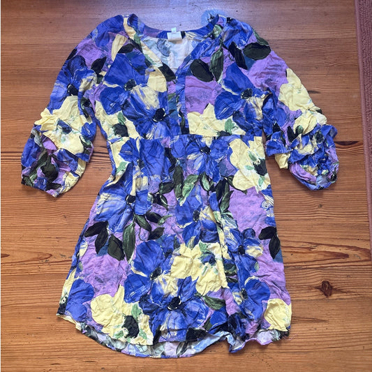 Fig & Flower purple floral ruffle quarter sleeve womens tunic blouse SIZE XL