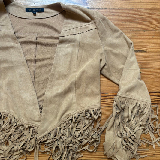 Hot & Delicious faux suede beige fringe cropped open womens jacket SIZE S
