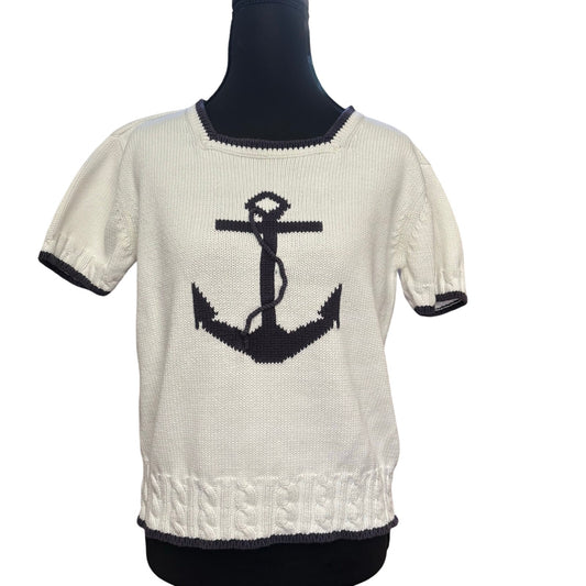 Liz Claiborne cotton white navy anchor knit short sleeve sweater shirt SIZE S