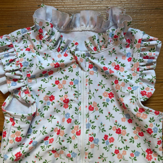 Shein white red pink floral ruffle sleeveless zip front swimsuit SIZE 6