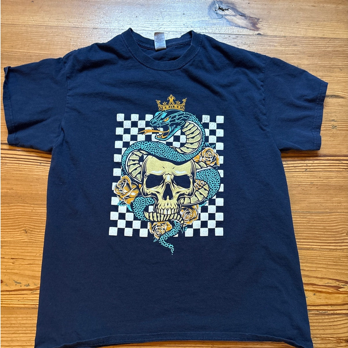 Dark blue king cobra and skull checkered short sleeve cotton shirt SIZE L