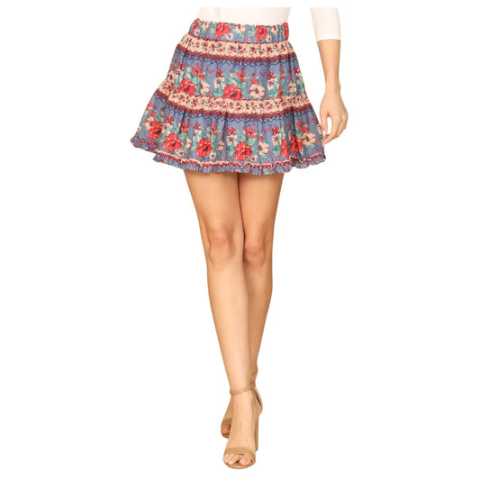 Olivaceous navy floral tiered ruffle lined mini skirt SIZE S