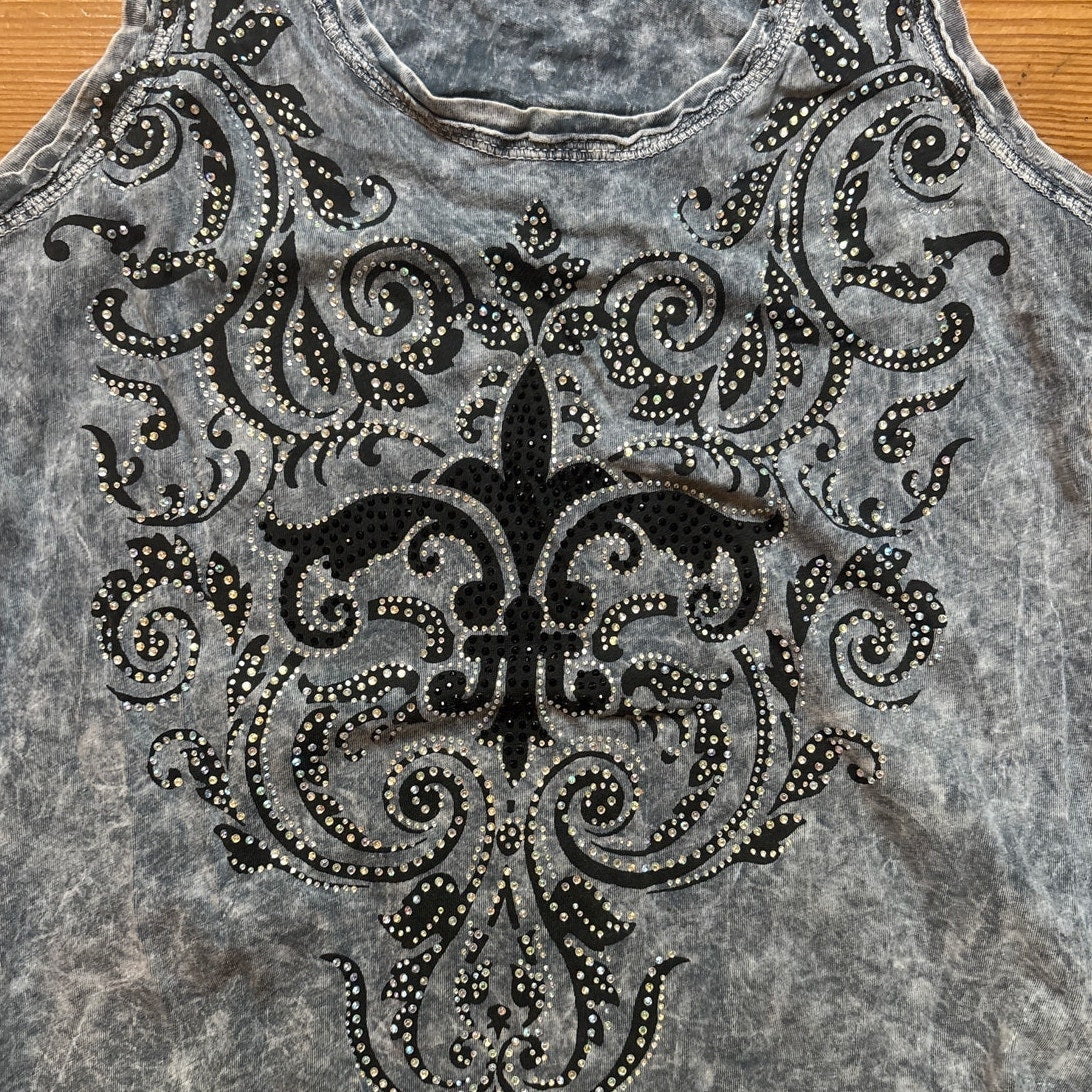 Y2k Vocal Apparel gray cotton crystal sequin cross tunic tank SIZE S