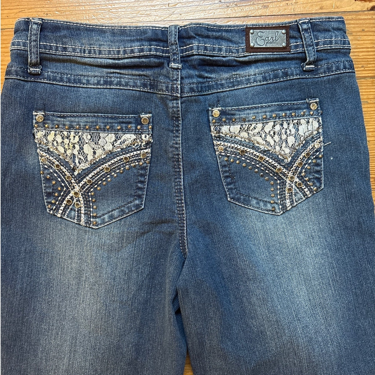 Earl Jean dark wash cropped cuffed jeweled studded lace pocket jeans SIZE 6