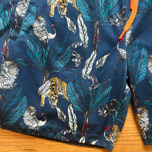 Maison Article blue tiger foliage double lined mens drawstring shorts SIZE XL