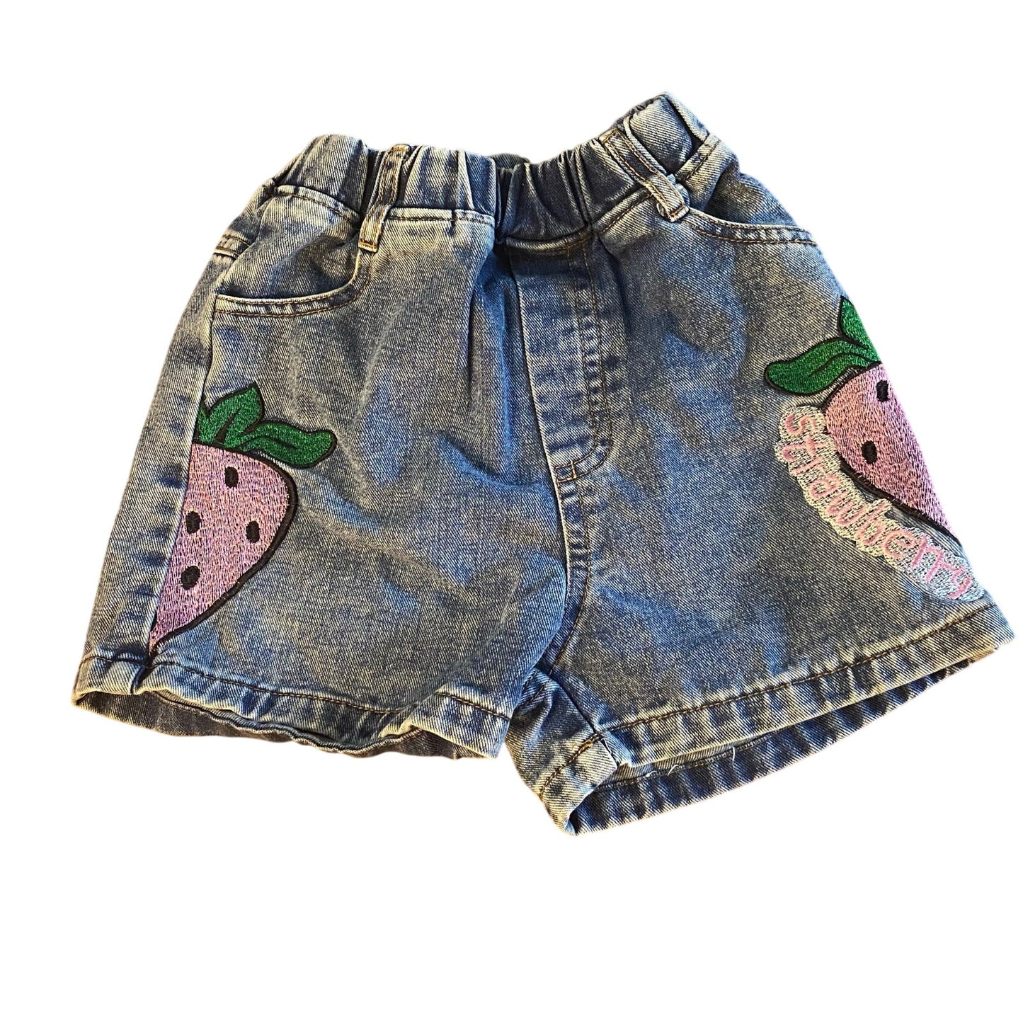 Shein medium wash strawberry embroidered elastic waist pull on shorts SIZE 6