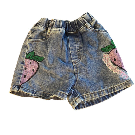 Shein medium wash strawberry embroidered elastic waist pull on shorts SIZE 6