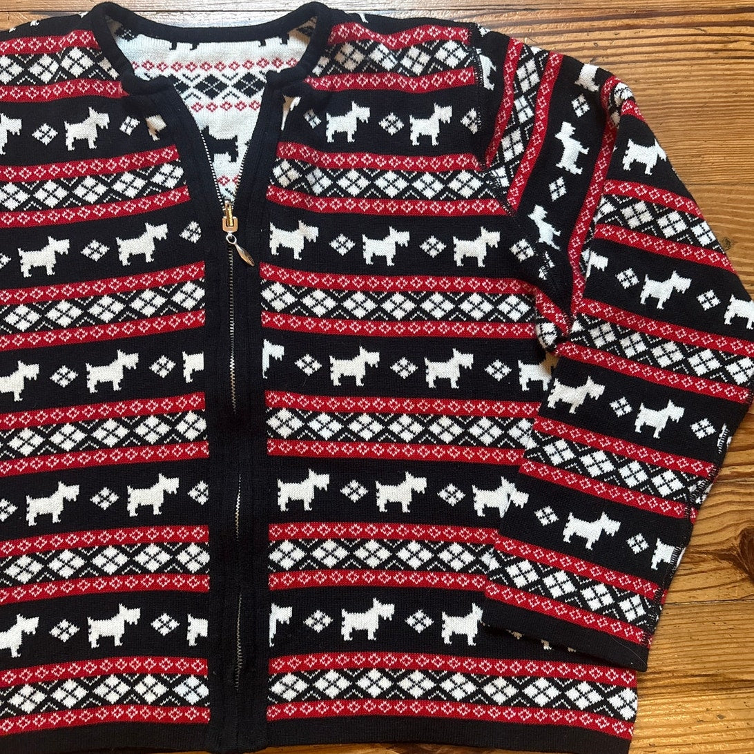 Marisa Christina reversible knit Scottish Terrier full zip womens sweater SIZE M