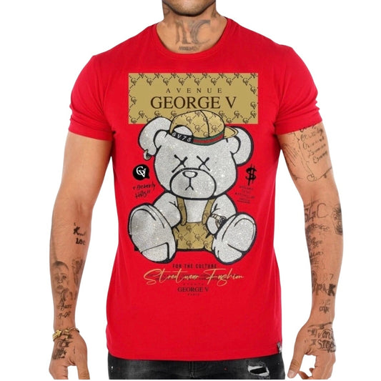 Avenue George V Paris red bear jeweled short sleeve mens shirt SIZE XL