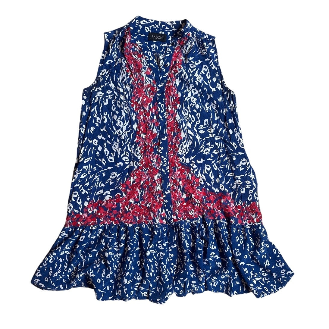 Saloni blue pattern silk drop waist sleeveless button dress SIZE L