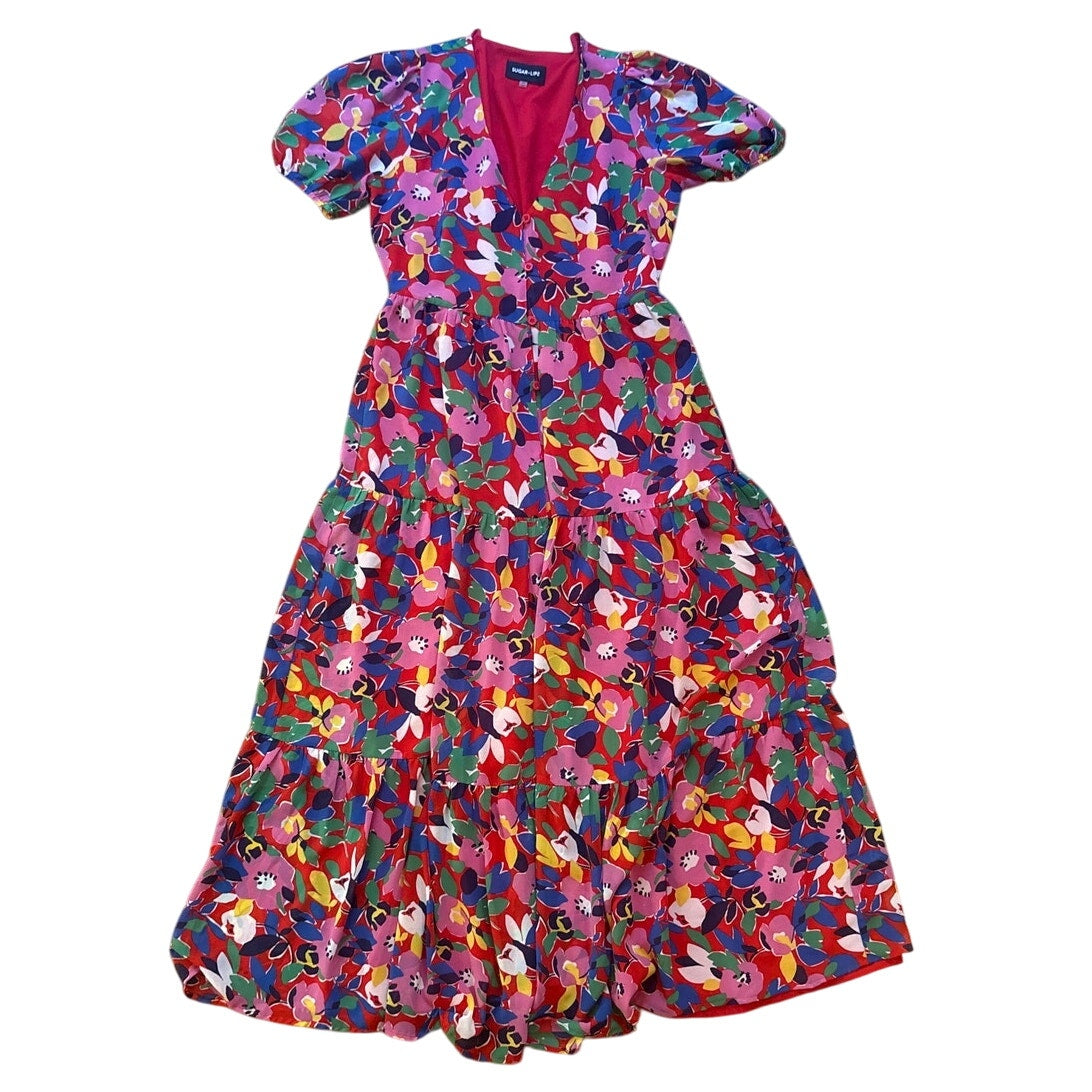 Sugar Lips Monaco red colorful floral tiered maxi dress SIZE XS