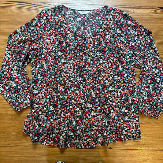 Agnes Orinda black floral long sleeve adjustable waist tunic shirt SIZE XL