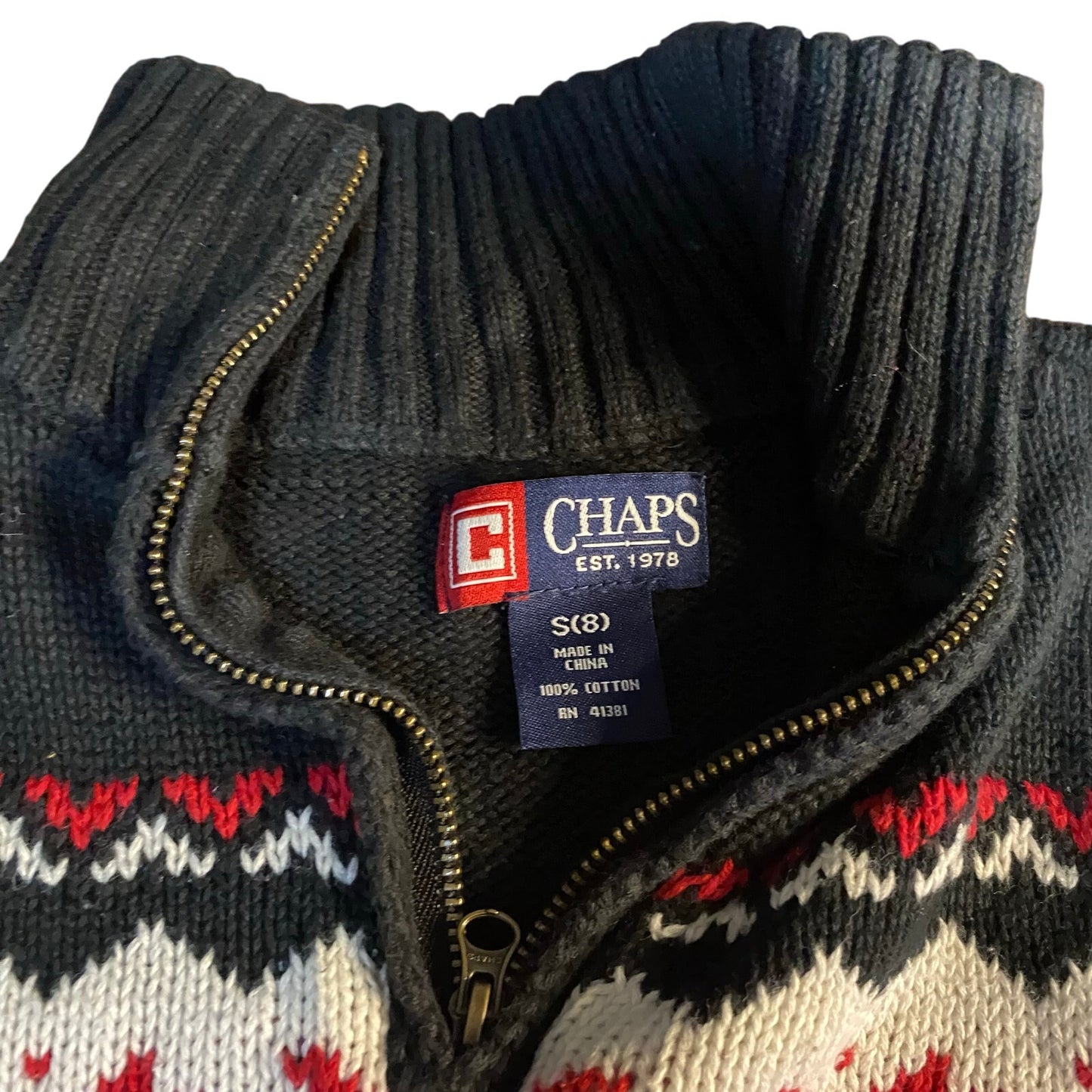 Chaps black knit quarter zip red winter snowflake youth sweater SIZE S
