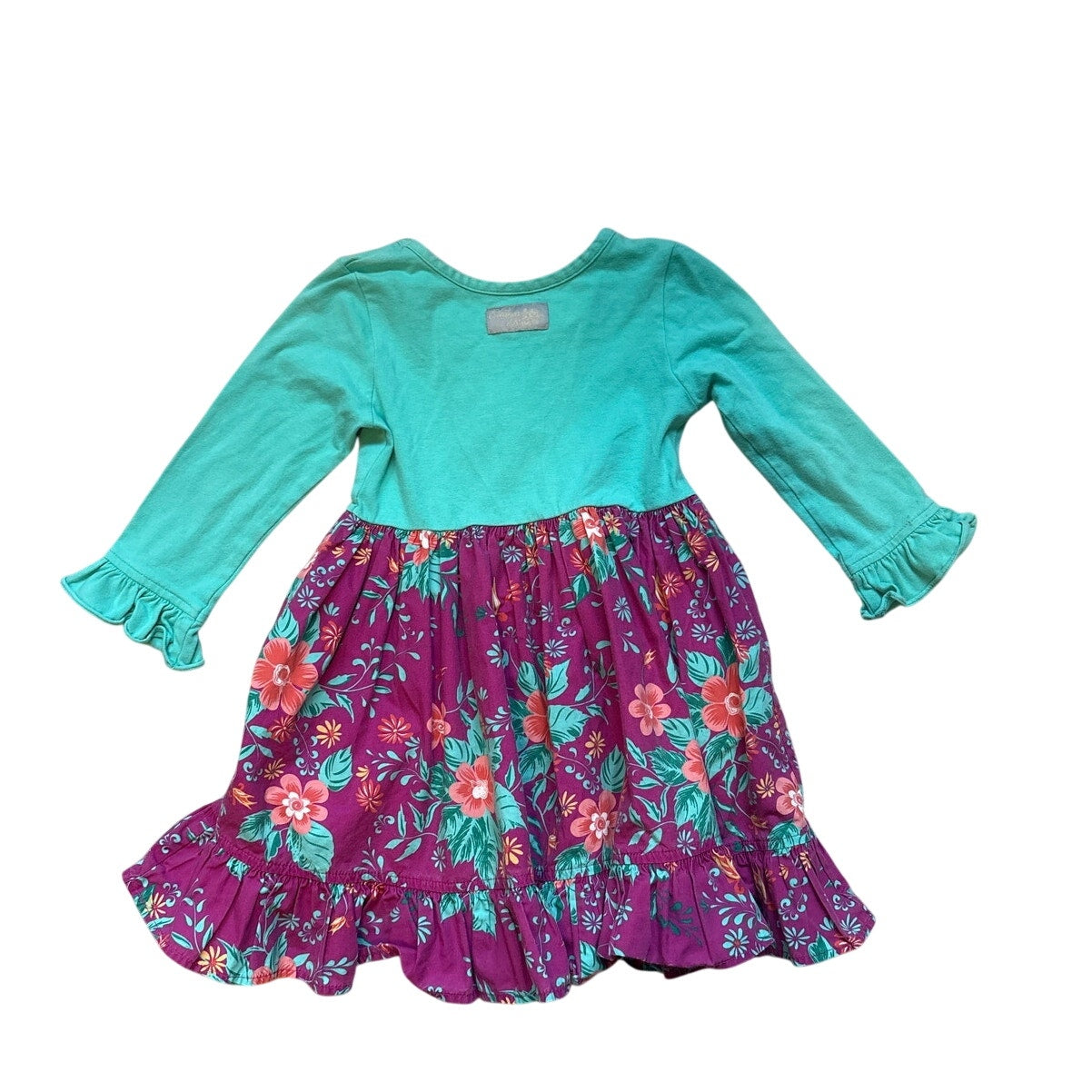 Eleanor Rose teal blue long sleeve purple floral ruffle fit flare dress SIZE 3/4