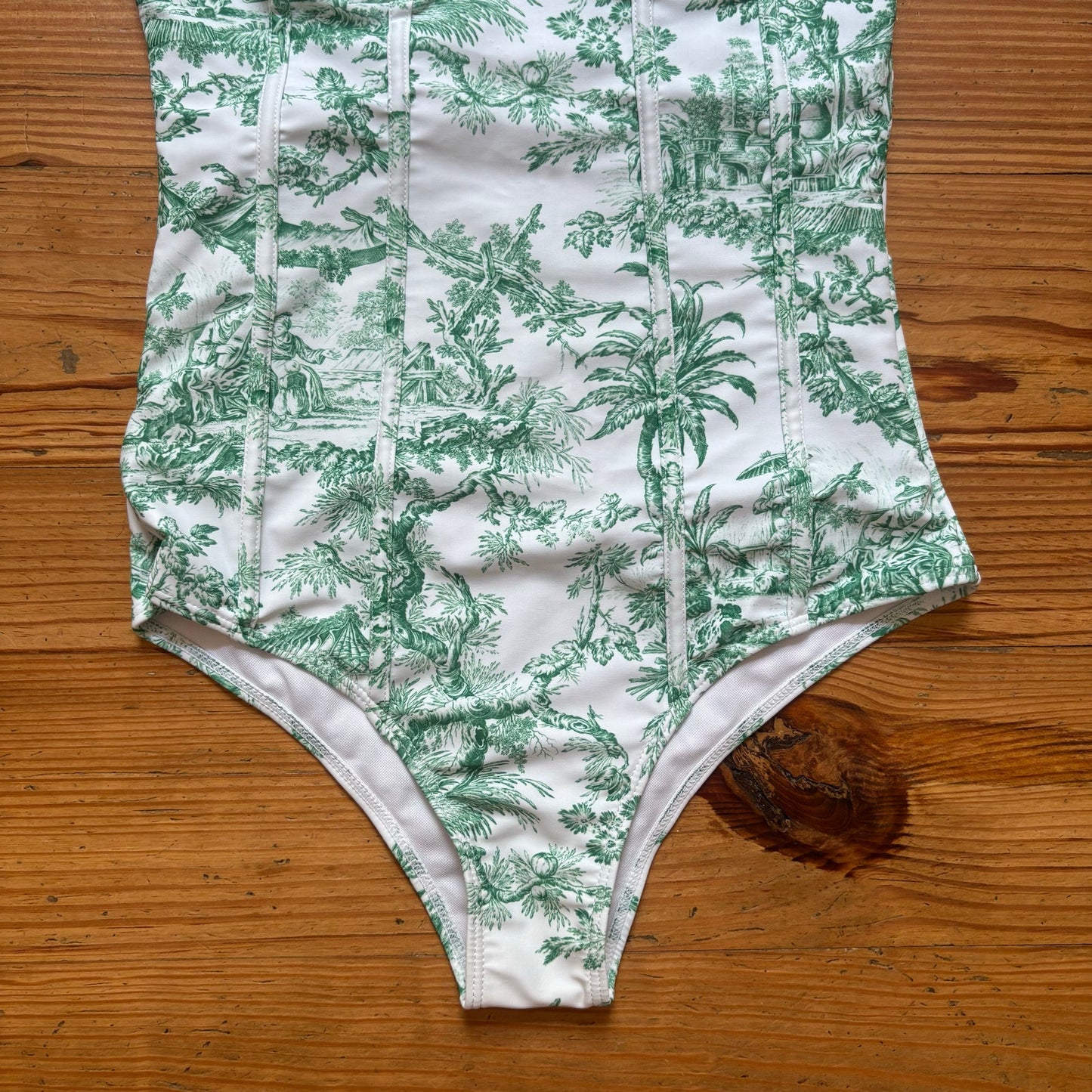 Shein white green French Toile print bustier one piece swimsuit SIZE M