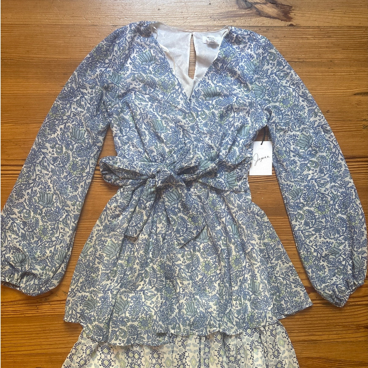 NWT Japna blue floral tiered long puff sleeve tie waist mini dress SIZE XS