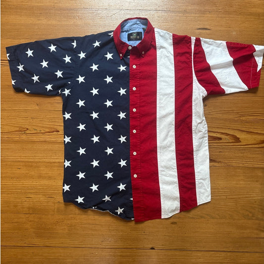 Redhead America red white and blue flag short sleeve button collar shirt SIZE M