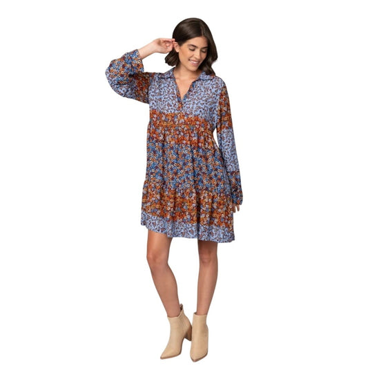 Emma & Michele red blue boho floral babydoll collar tiered log sleeve dress SIZE M