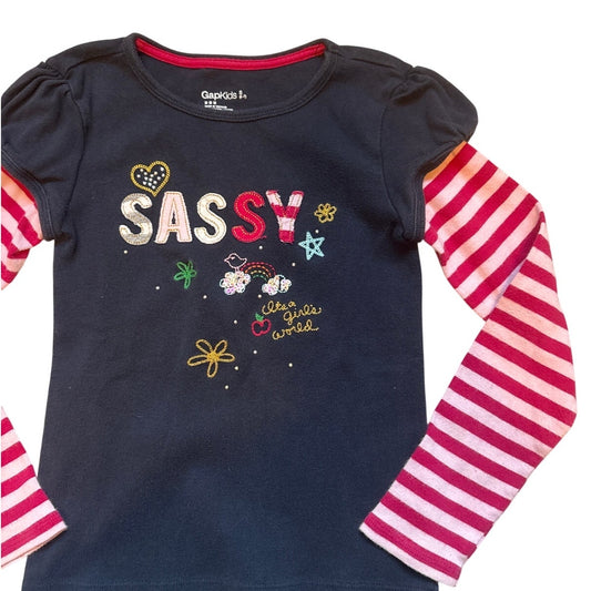 Gap pink striped navy long sleeve Sassy embroidered sequin shirt SIZE S