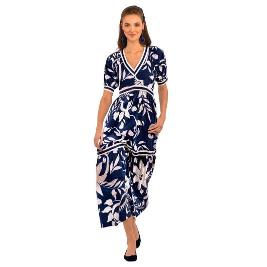 NWT Gretchen Scott Viviers blue white floral puff sleeve midi dress SIZE XL