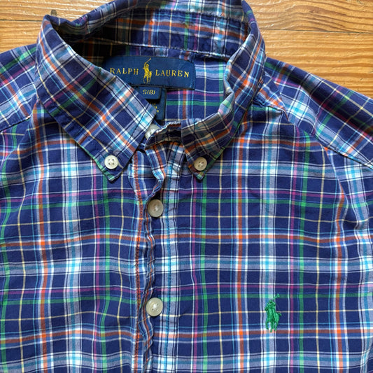 Ralph Lauren blue plaid long sleeve button front boys dress shirt SIZE S