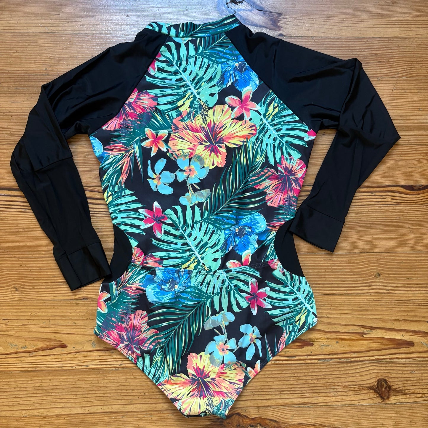 Shein black tropical floral long sleeve rashguard one piece swimsuit SIZE XL