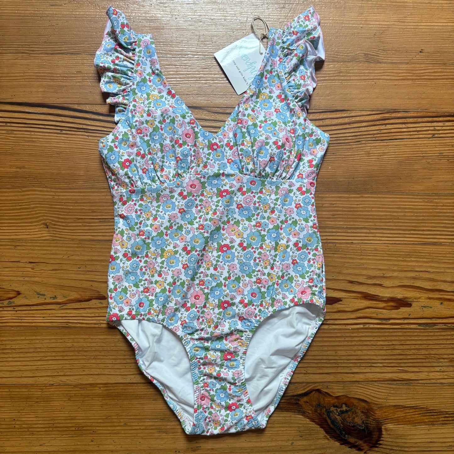 NWT Serendipity white floral ruffle cap sleeve cheeky one piece swimsuit SIZE S