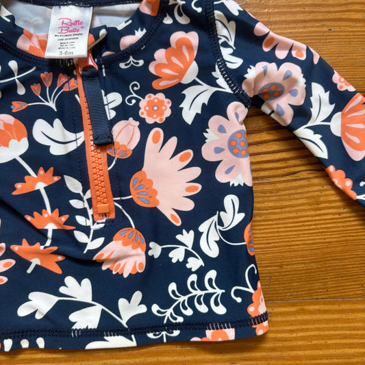 Ruffle Butts navy blue pink floral rashguard baby swim top SIZE 3-6M