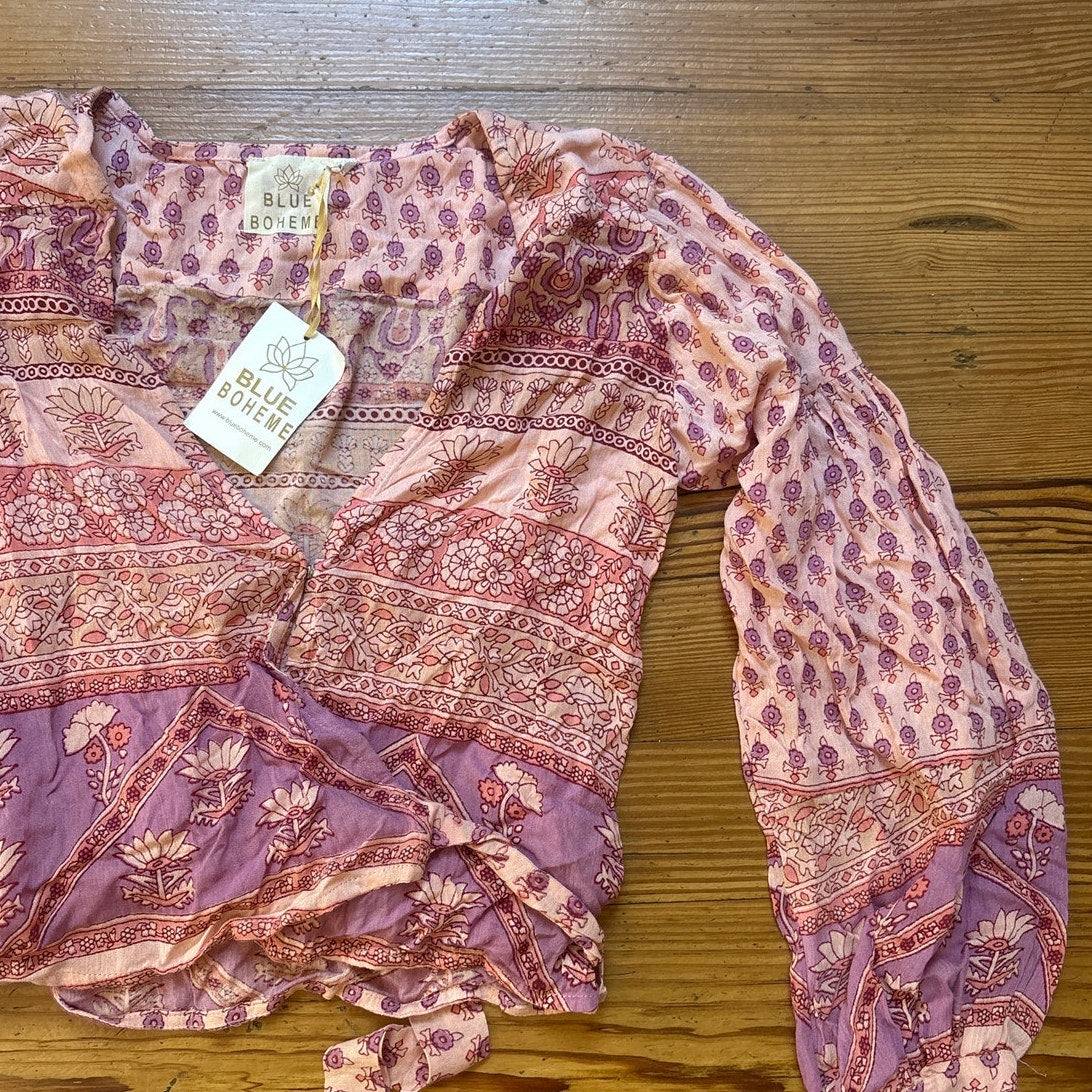 NWT Blue Boheme Bella pink romantic boho puff long sleeve wrap waist blouse OS