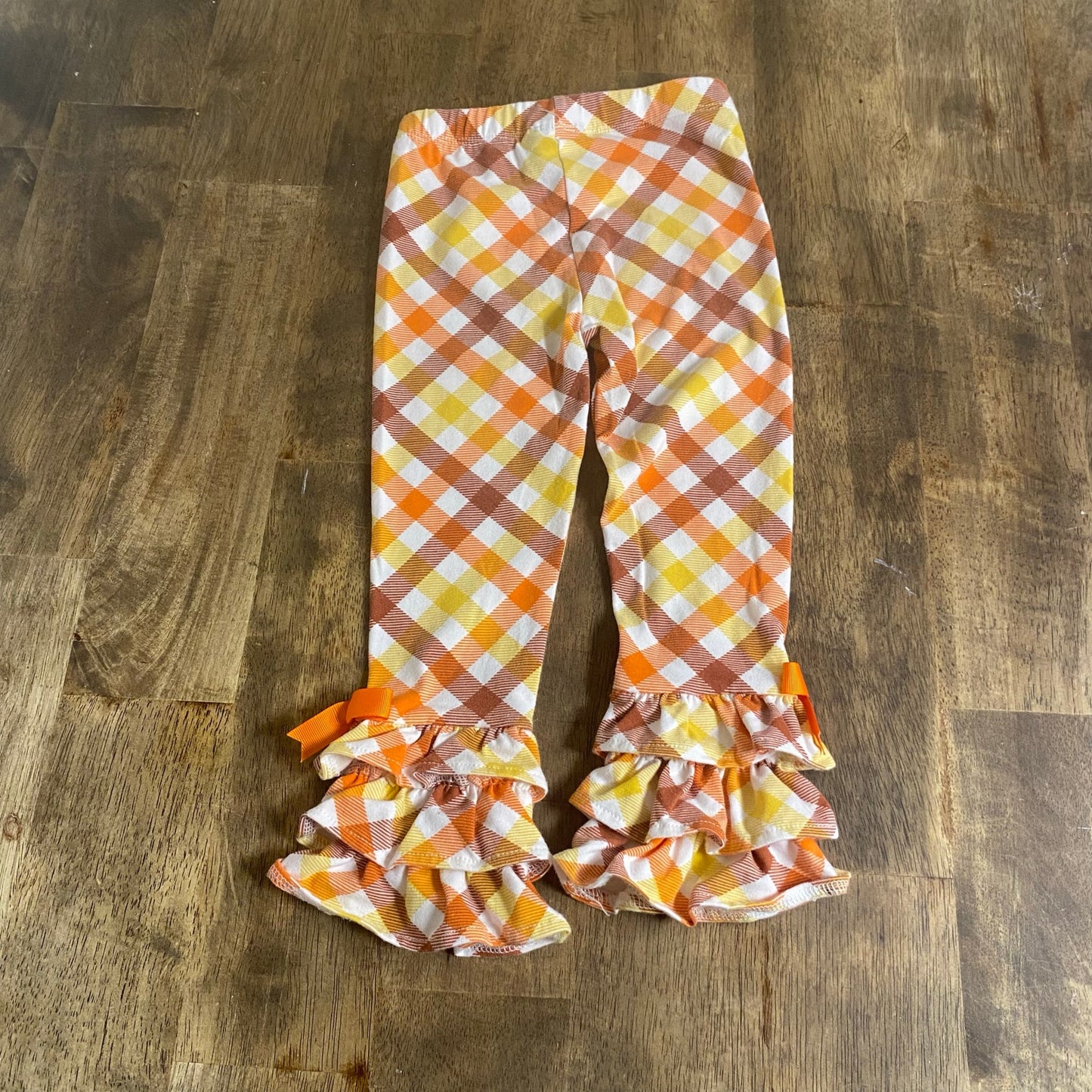 Rare Editions orange brown fall plaid ruffle bow flare stretch pants SIZE 3T