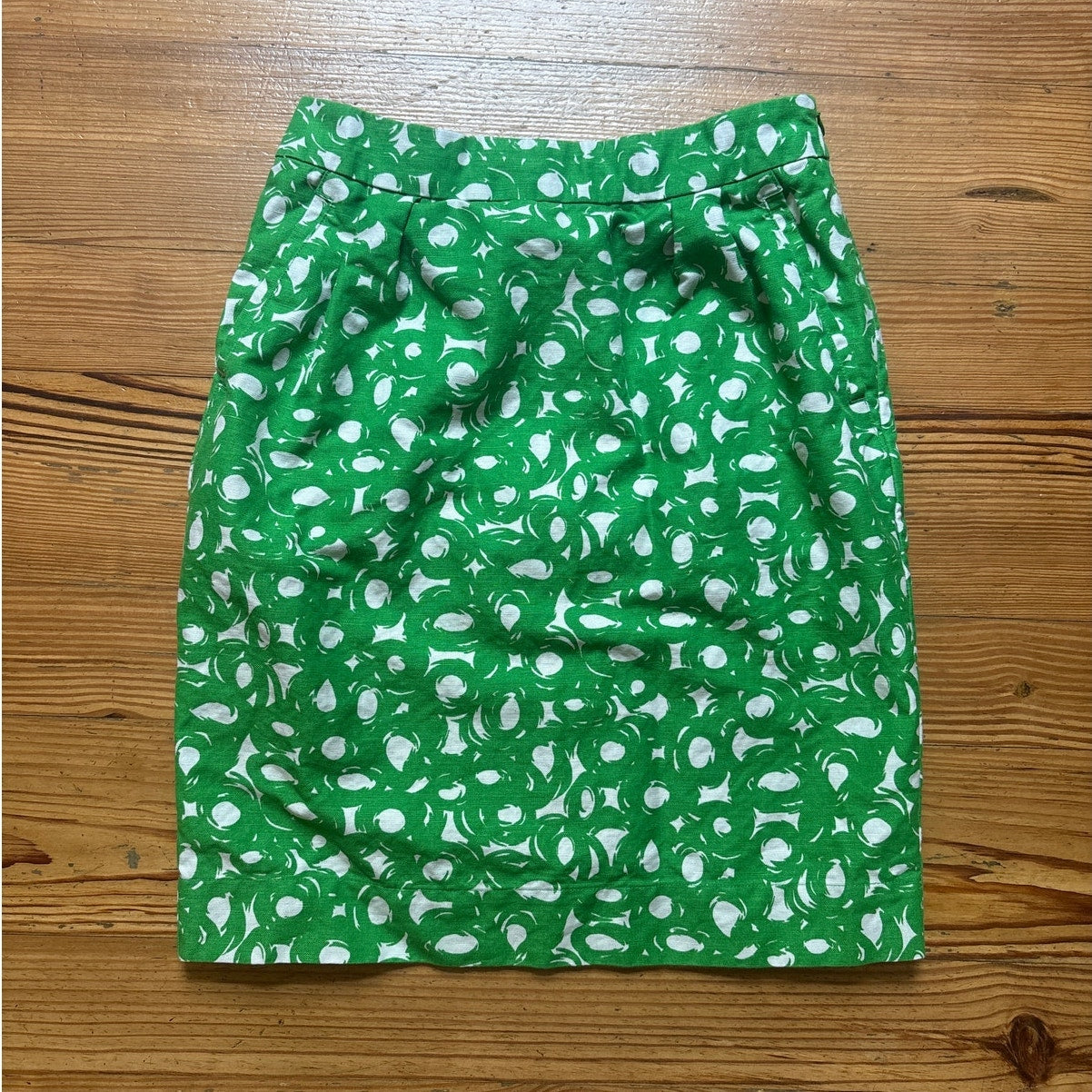 Boden green ivory abstract cotton linen blend pencil midi skirt SIZE 4