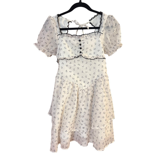 7. Mukeke white black floral puff sleeve french vintage zipper mini dress SIZE S