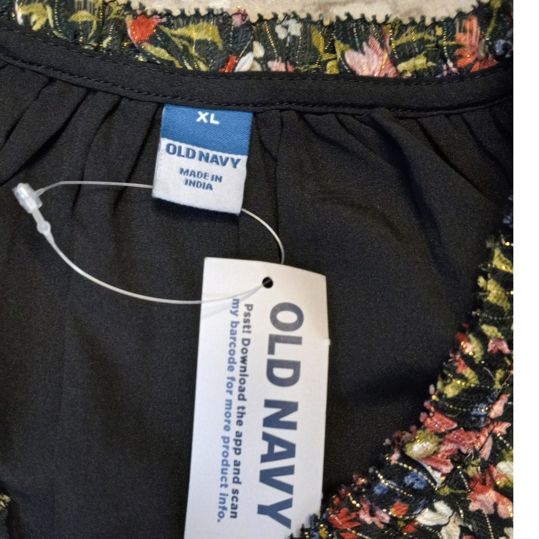 NWT Old Navy black floral print ruched waist long puff sleeve mini dress SIZE XL