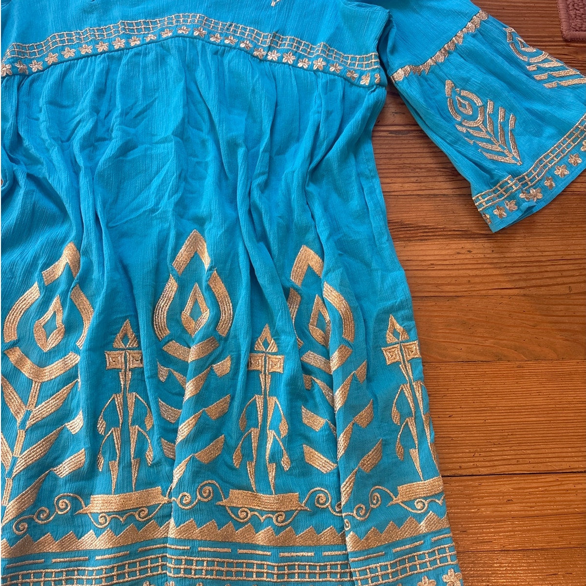 NWT Soft Surroundings Zaneta turquoise blue gold embroidered dress SIZE L