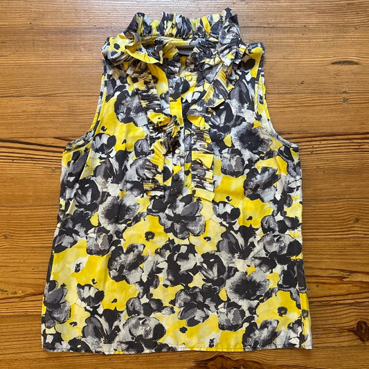 Kenar yellow gray silk feminine romantic floral sleeveless ruffle blouse SIZE M