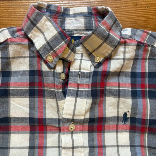 Ralph Lauren blue white red plaid short sleeve button up boys polo shirt SIZE 6