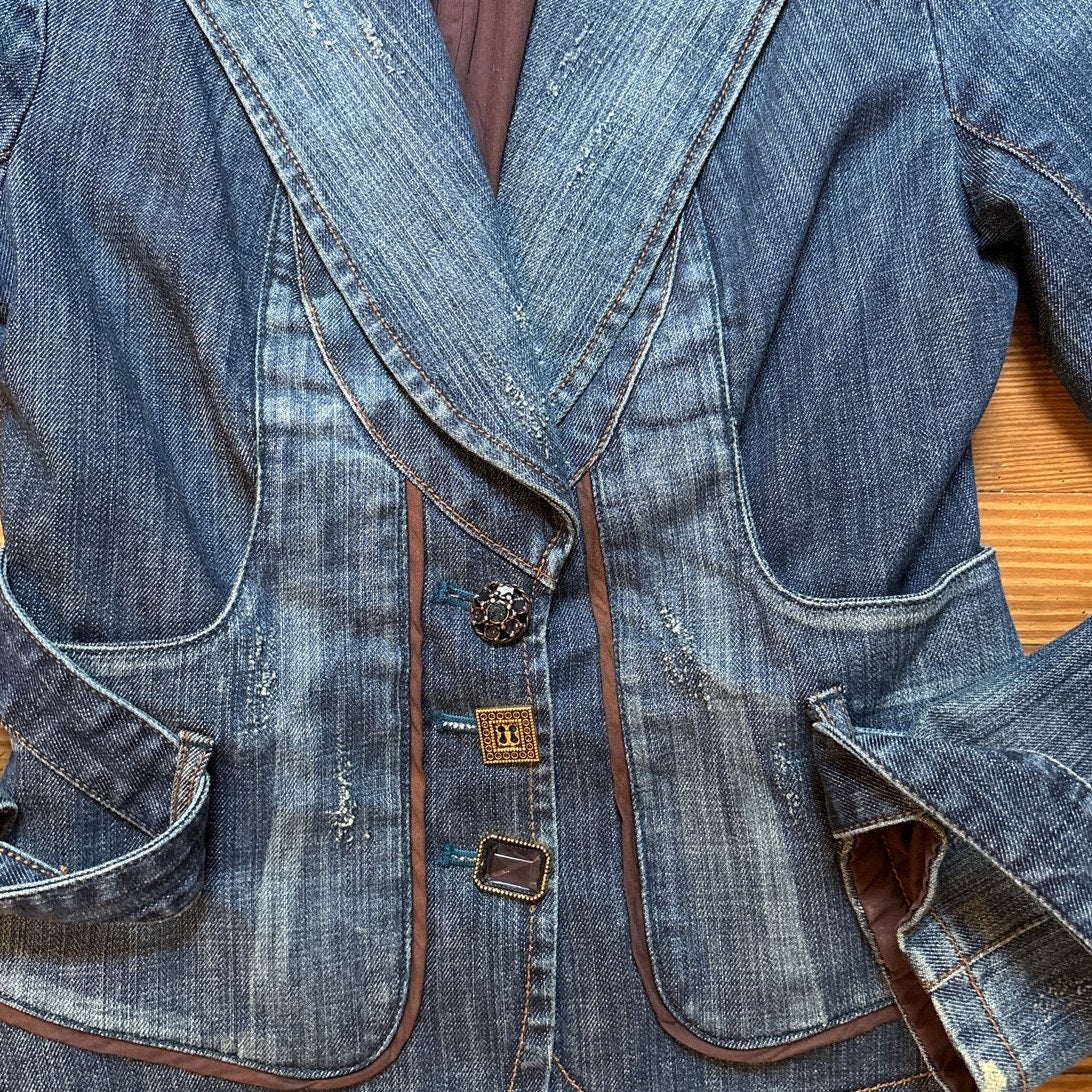 Y2k Cache dark wash belted jeweled button denim blazer jacket SIZE 2