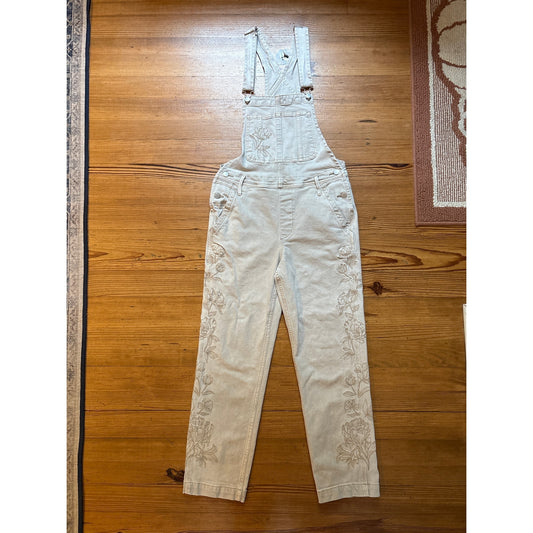 Driftwood Porcelain etched beige floral embroidered jean overalls SIZE XS