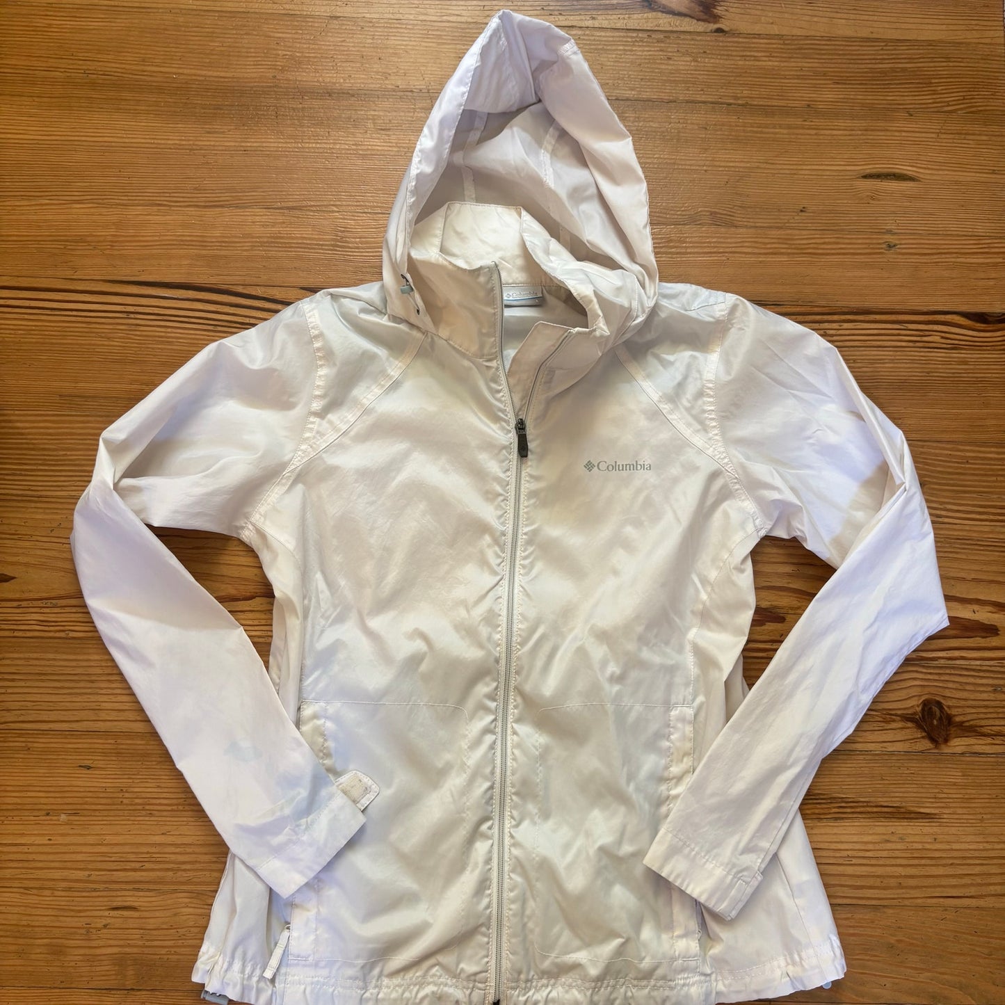 Columbia ivory hooded full zip polyester wind breaker jacket SIZE L