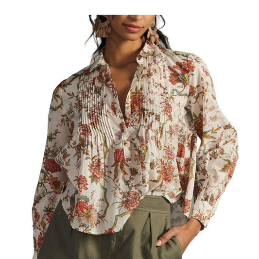 Anthropologie Pilcro beige pink floral long sleeve cropped button blouse SIZE S