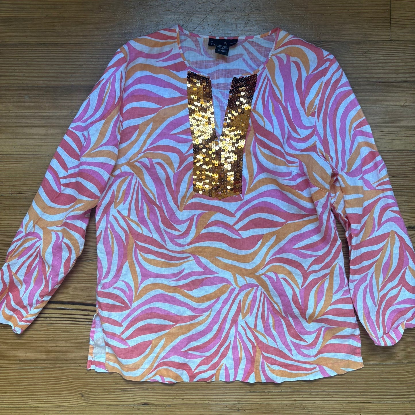 Mercer & Madison orange pink with sequin v neckline linen shirt SIZE L