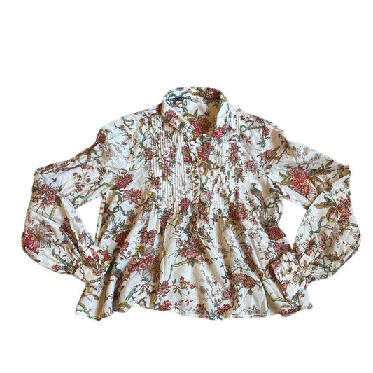Anthropologie Pilcro beige pink floral long sleeve cropped button blouse SIZE S