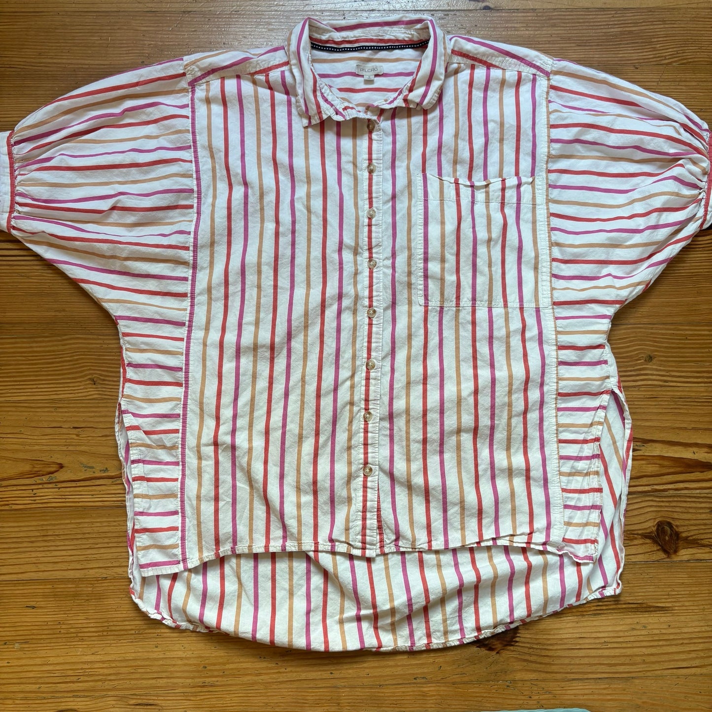 Anthropologie Pilcro pink striped puff short sleeve button up shirt SIZE M